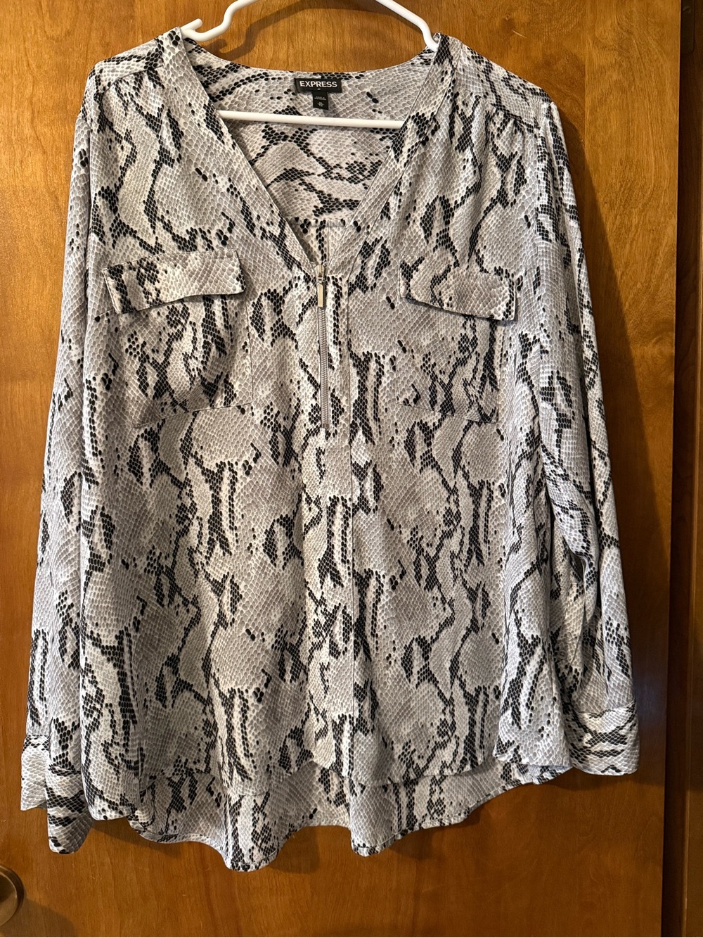 Express White and Black Snake-Print Zip Front Blouse